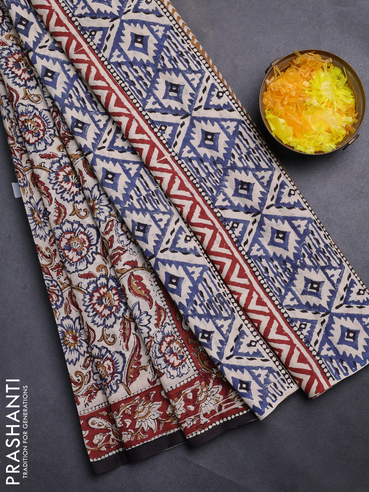 Jaipur cotton saree beige and maroon black with allover kalamkari prints and printed border