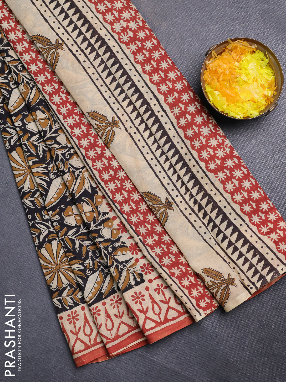 Jaipur cotton saree black and beige rust shade with allover kalamkari prints and printed border