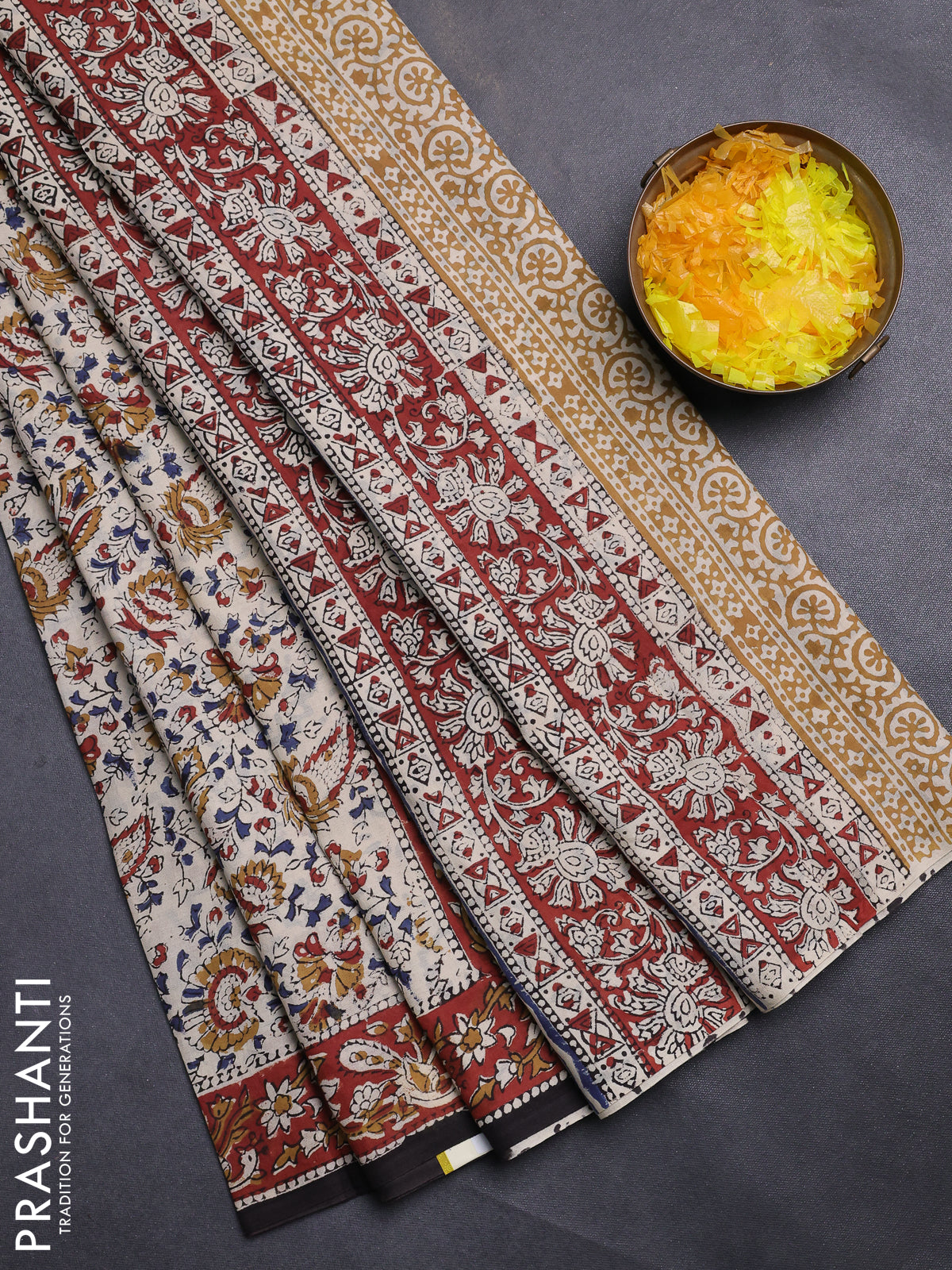 Jaipur cotton saree beige and maroon with allover kalamkari prints and printed border