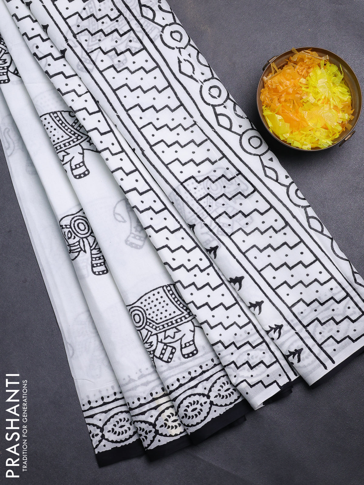 Jaipur cotton saree off white and black with elephant butta prints and printed border