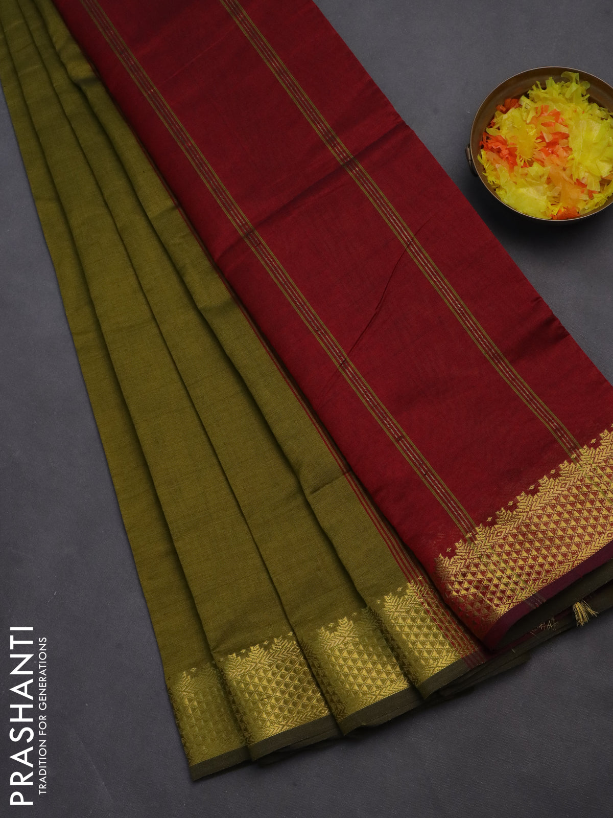 10 yards Poly cotton saree mehendi green and maroon with plain body and zari woven border
