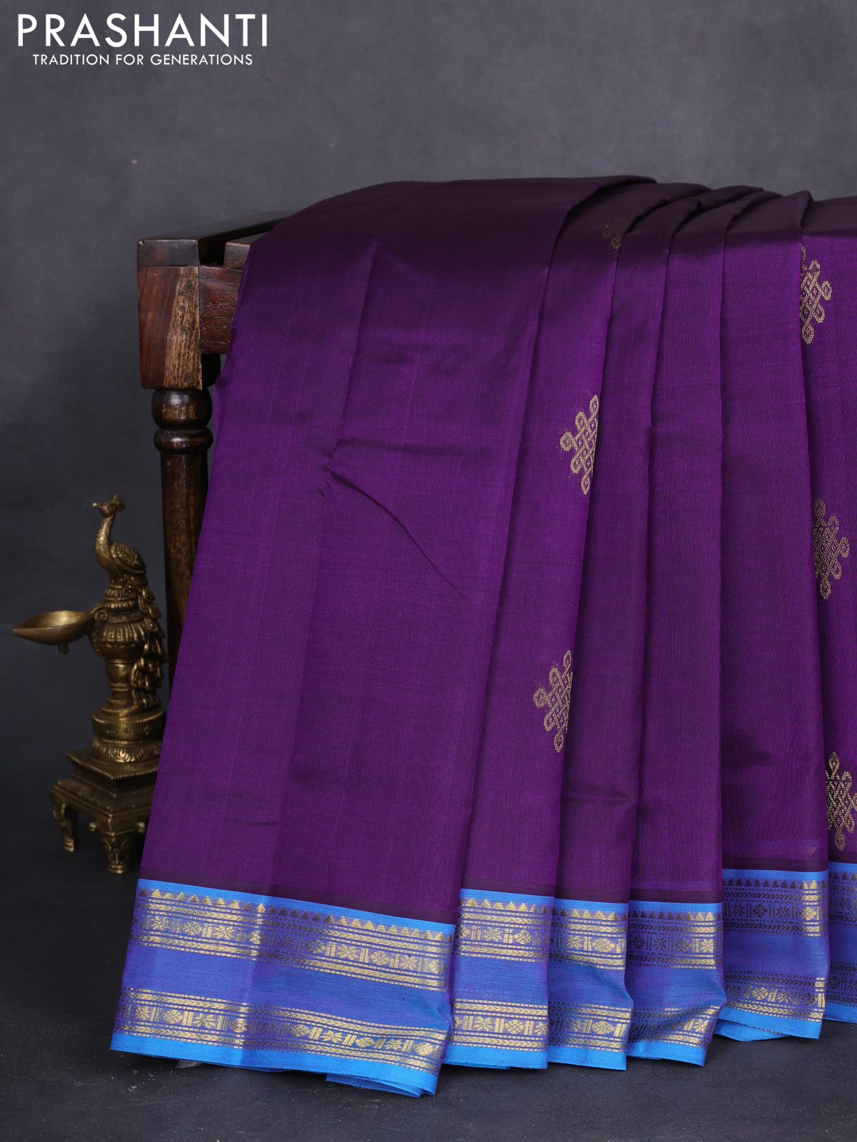 10 yards silk cotton saree violet and cs blue with rangoli design zari buttas and zari woven border