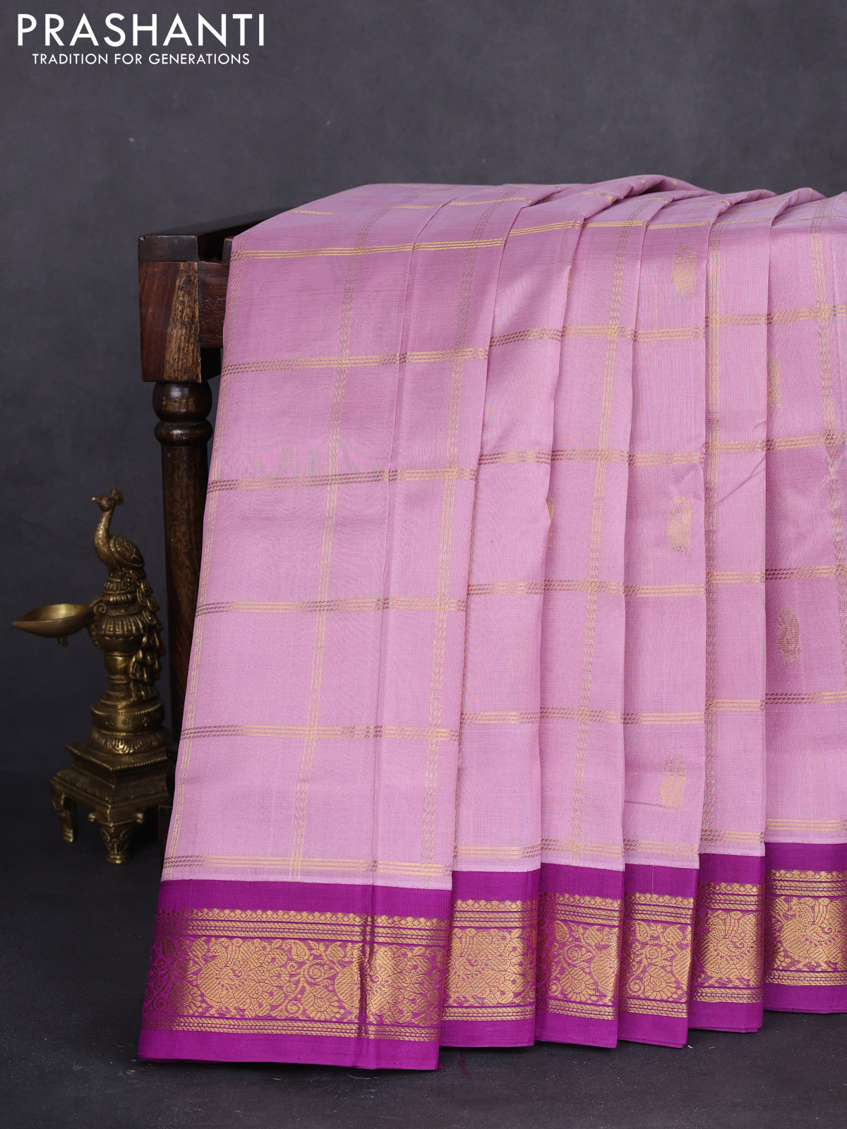 10 yards silk cotton saree light pink and purple with allover zari checks & buttas and zari woven border