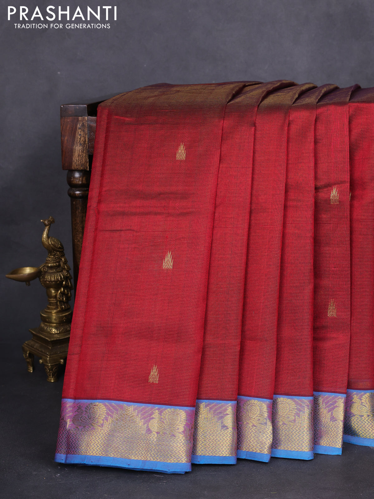 10 yards silk cotton saree maroon and cs blue with allover vairaosi pattern & zari buttas and zari woven border