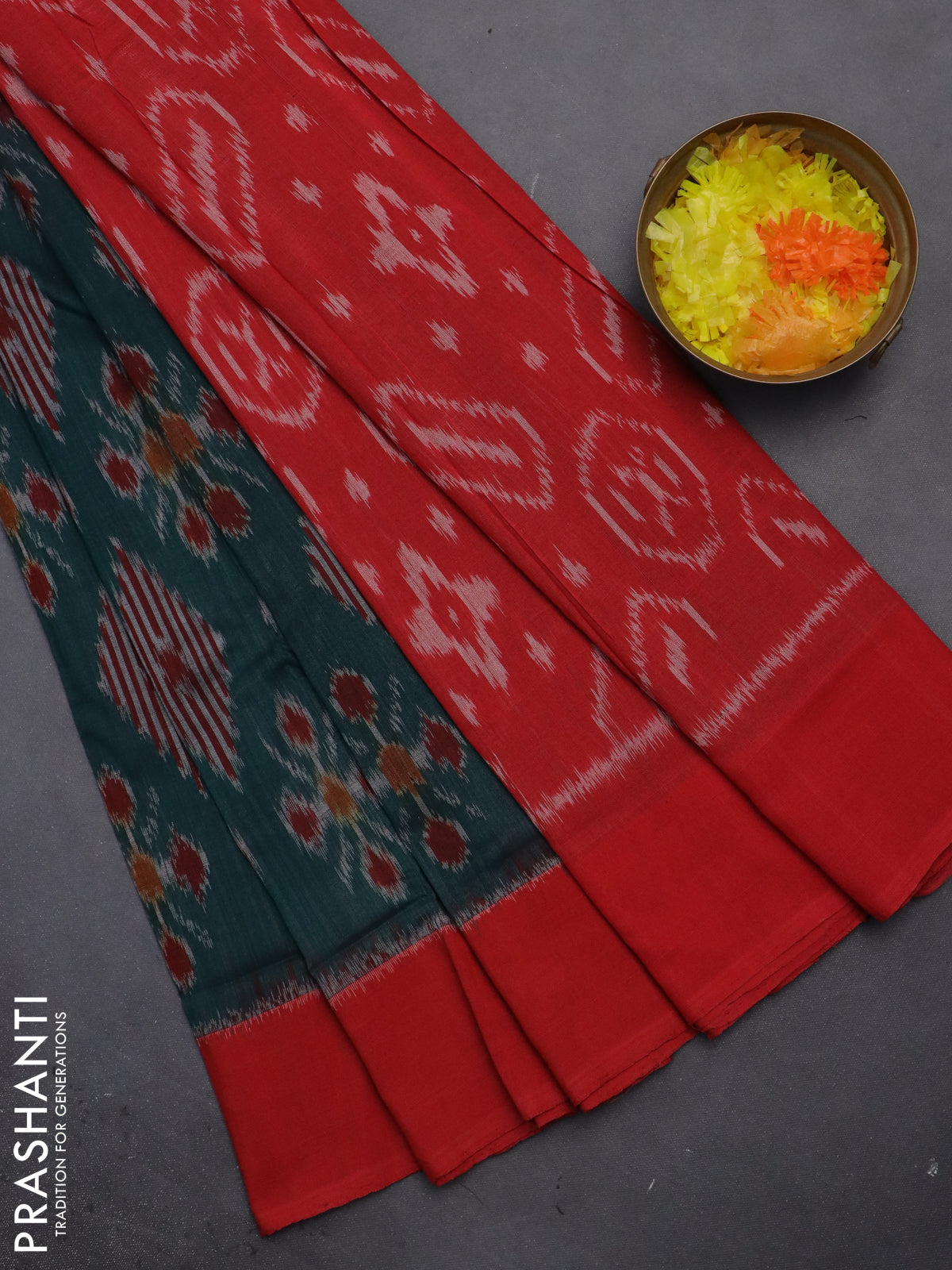Ikat cotton saree peacock green and red with allover ikat weaves and simple border