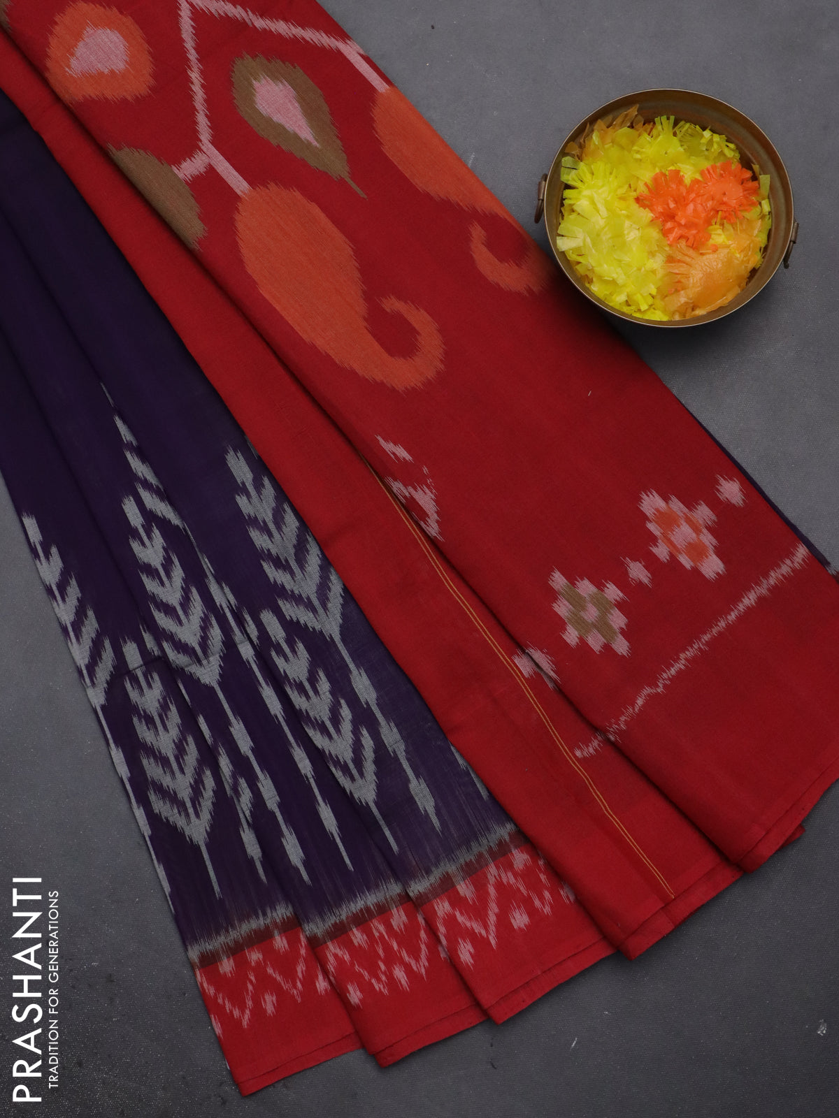 Ikat cotton saree deep violet and red with allover ikat weaves and simple border