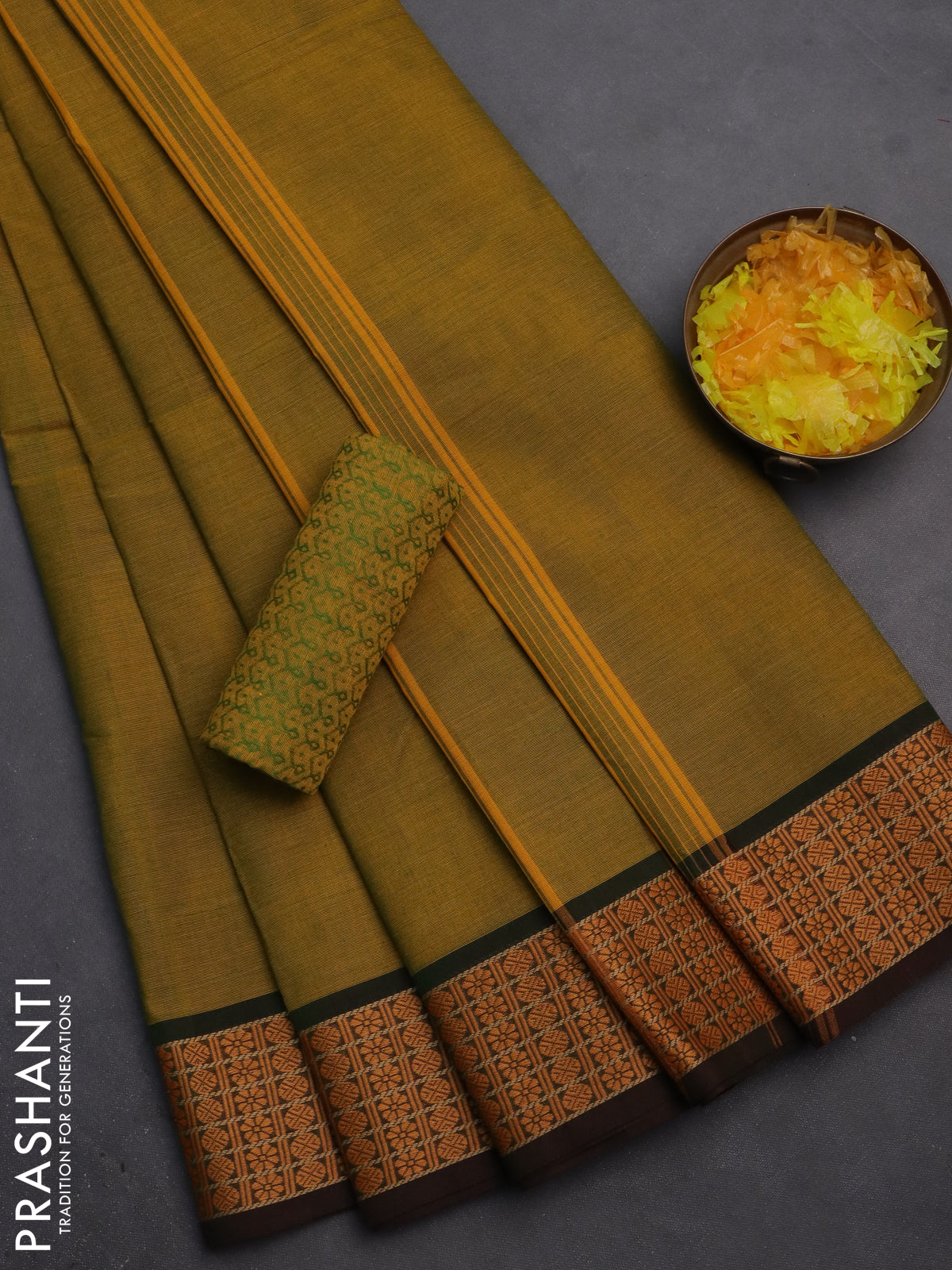 10 Yards chettinad cotton saree mustard yellow and dual shade of green with plain body and thread woven border