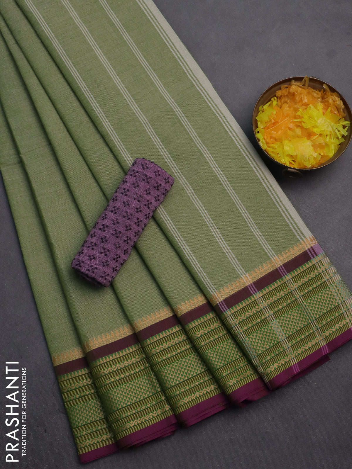 10 Yards chettinad cotton saree pastel green shade and purple with plain body and thread woven border