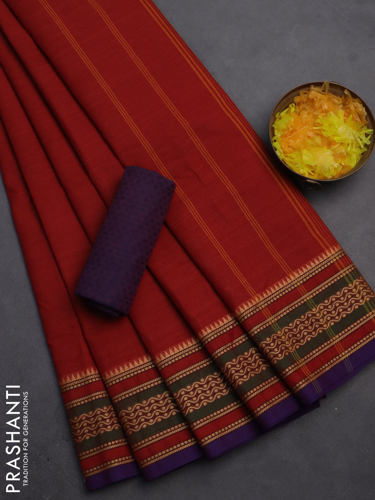10 Yards chettinad cotton saree rustic maroon and purple with plain body and thread woven border