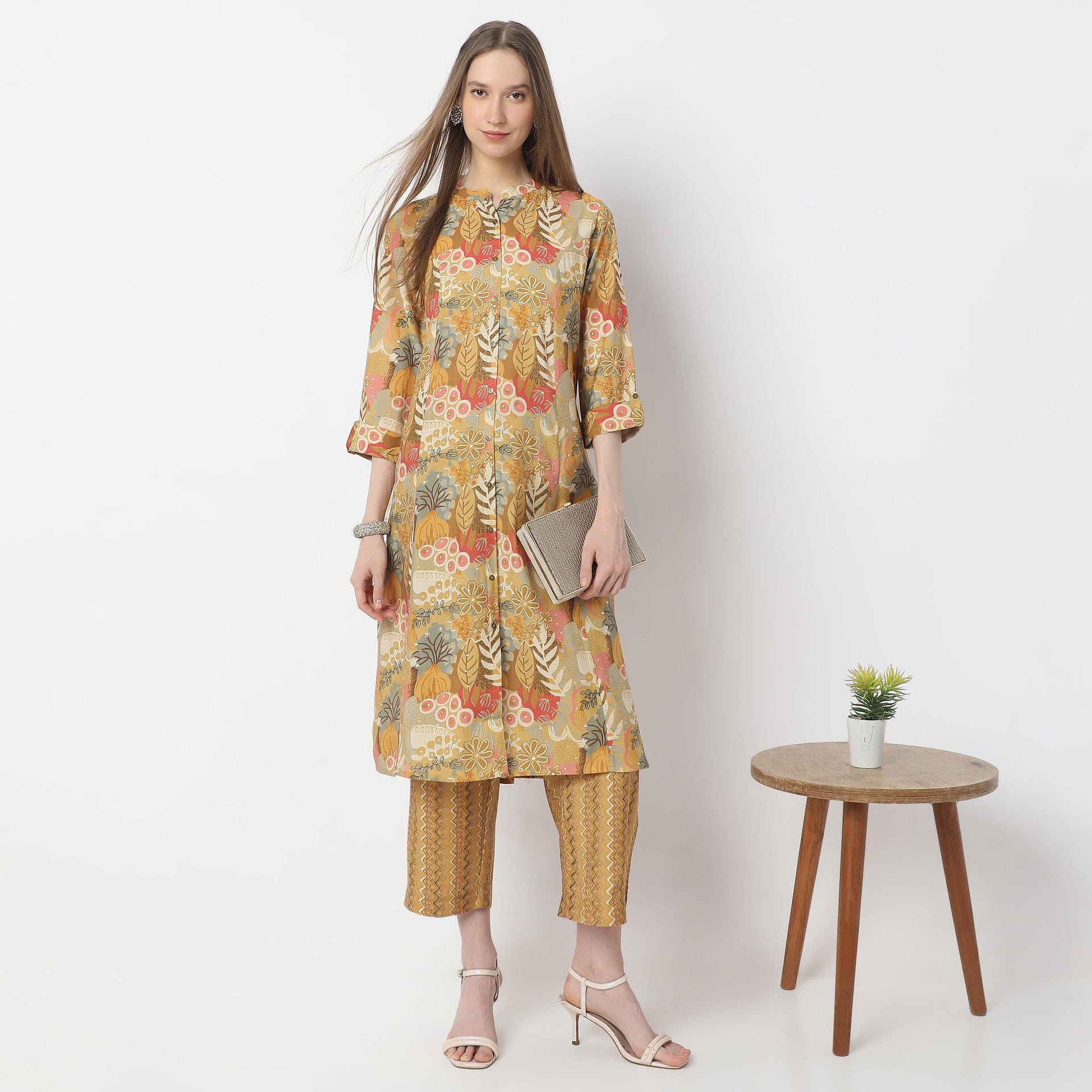 A-Line Printed Band Collar Kurta With Pant Set