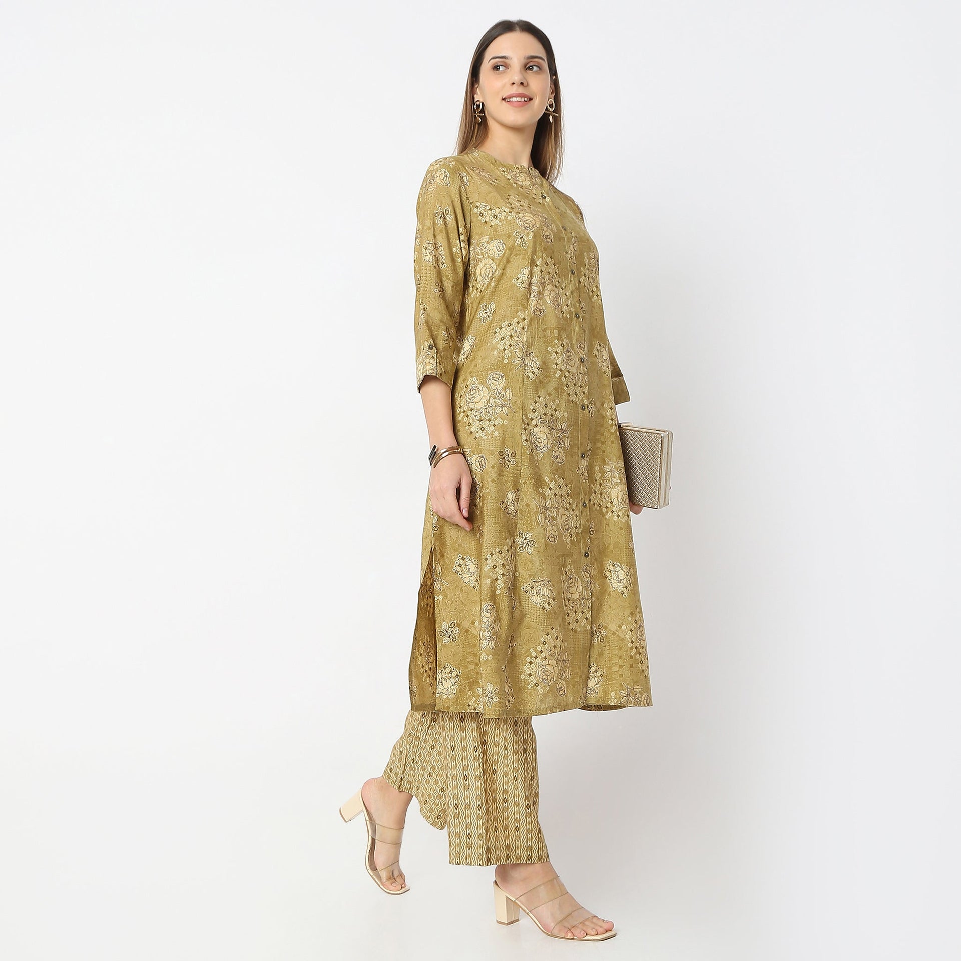 A-Line Printed Band Collar Kurta With Pant Set