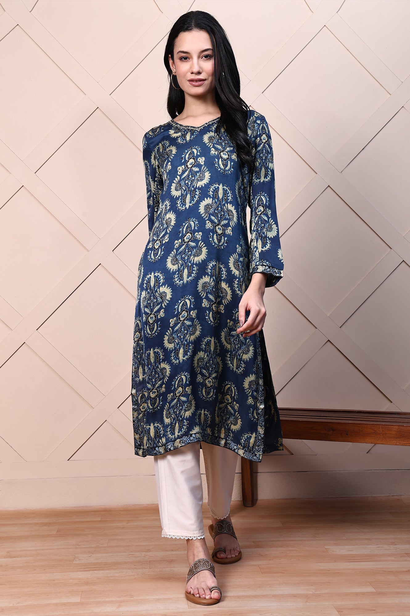 Blue Ajrak Printed Satin Straight Kurta with Sequin Work