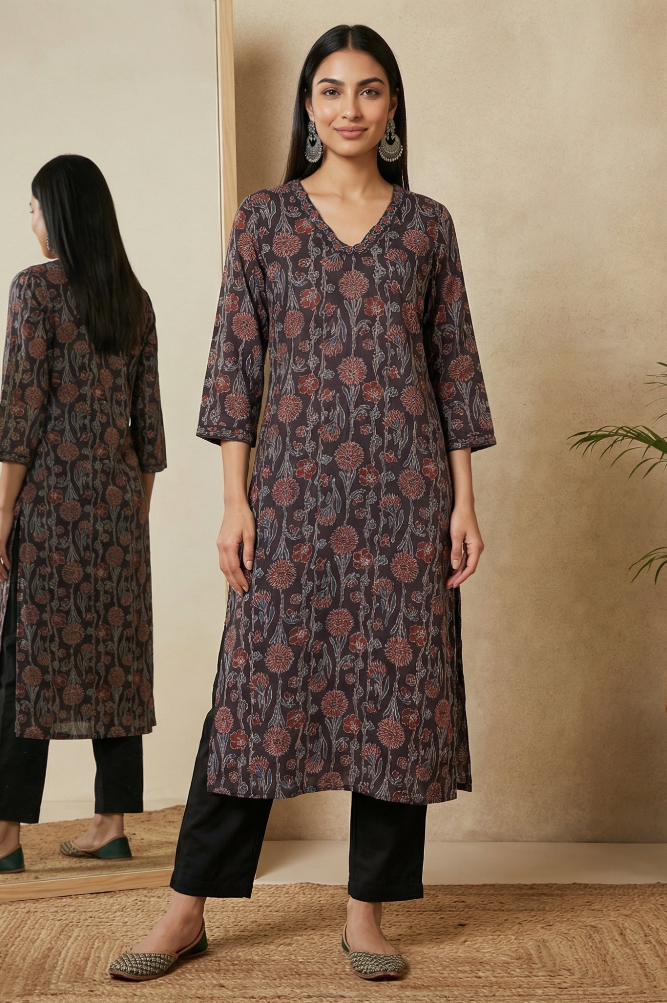 Brown Block Printed Sequins Satin Straight Kurta