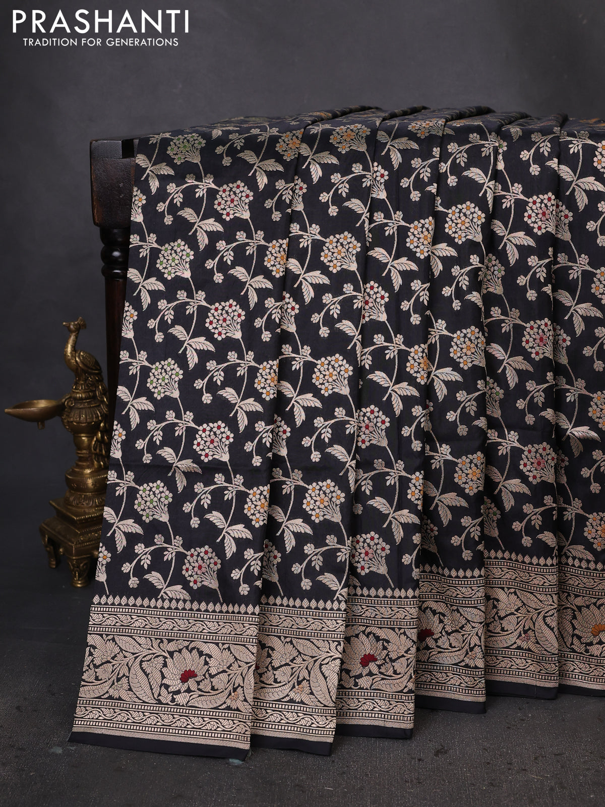 Banarasi uppada silk saree black with allover zari woven brocade weaves and zari woven border