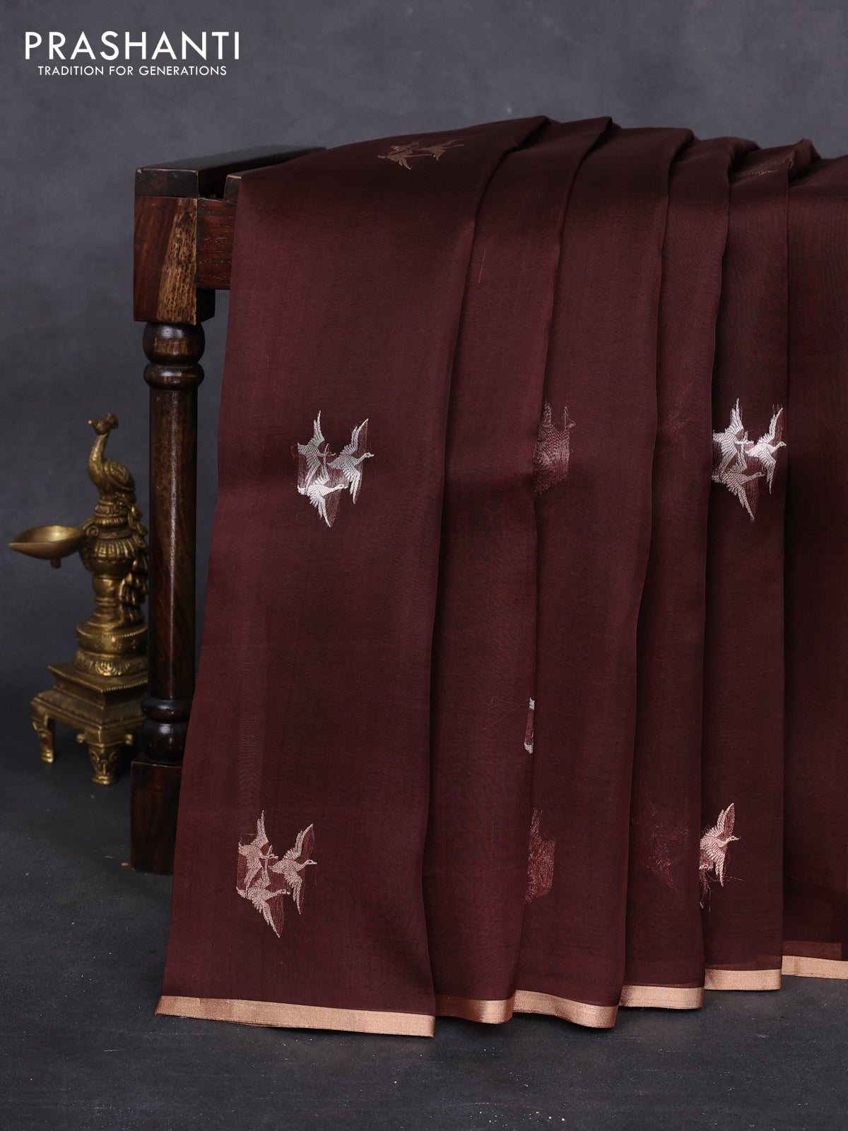 Banarasi organza silk saree coffee brown with silver & gold zari woven buttas and zari woven piping border