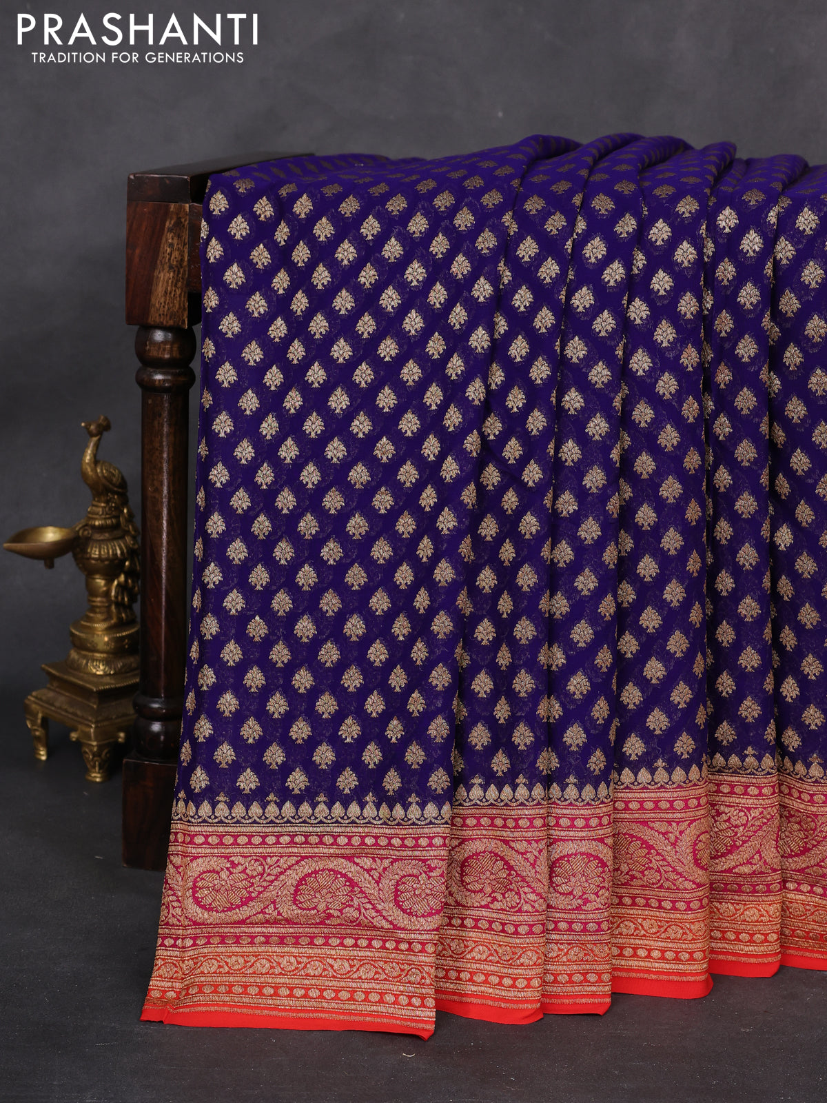 Banarasi georgette saree blue and pink orange with allover woven buttas and woven border