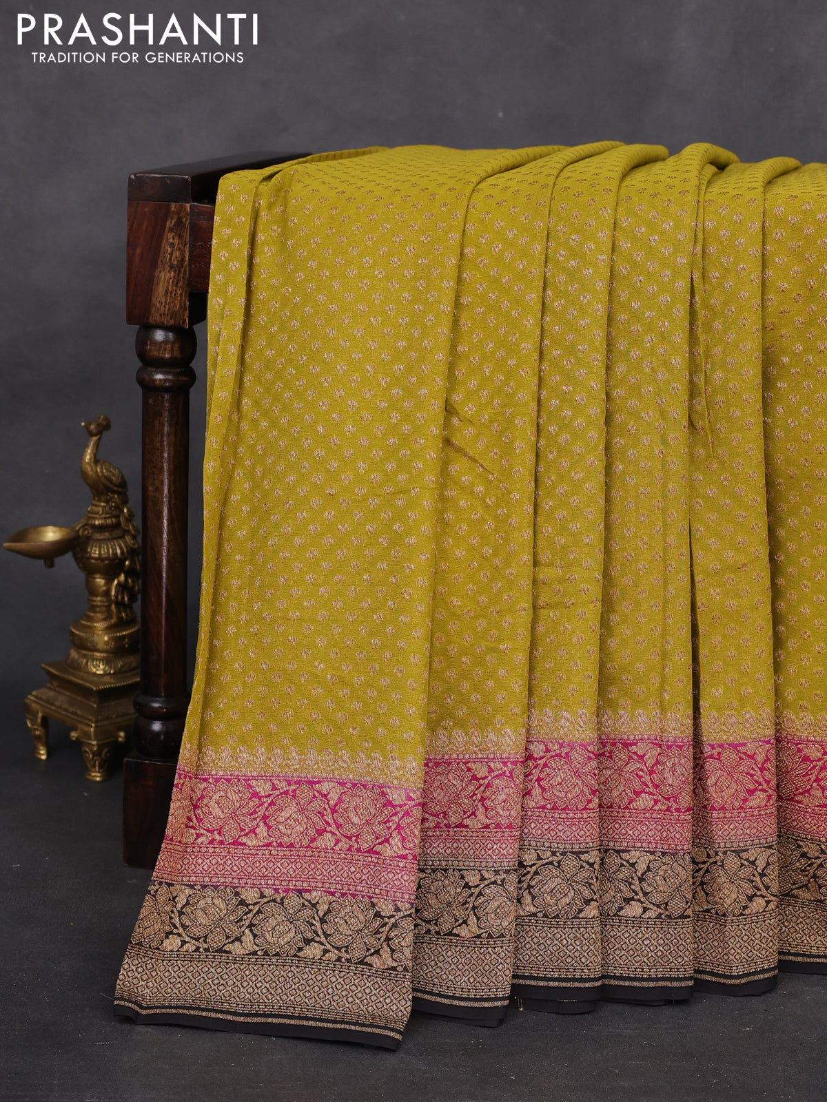 Banarasi georgette saree lime green and pink black with allover woven buttas and woven border