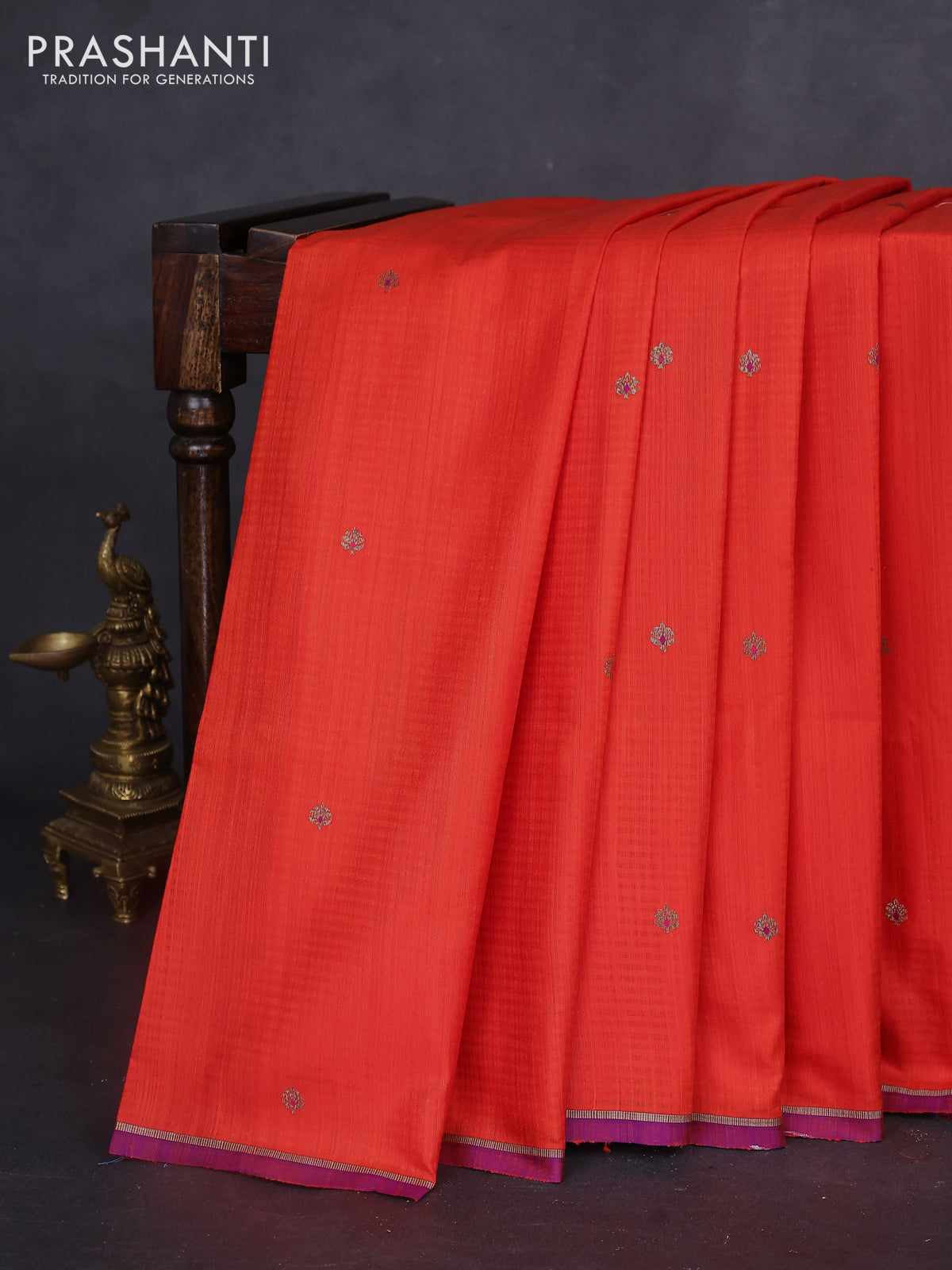 Banarasi dupion silk saree orange and purple with woven buttas and piping border