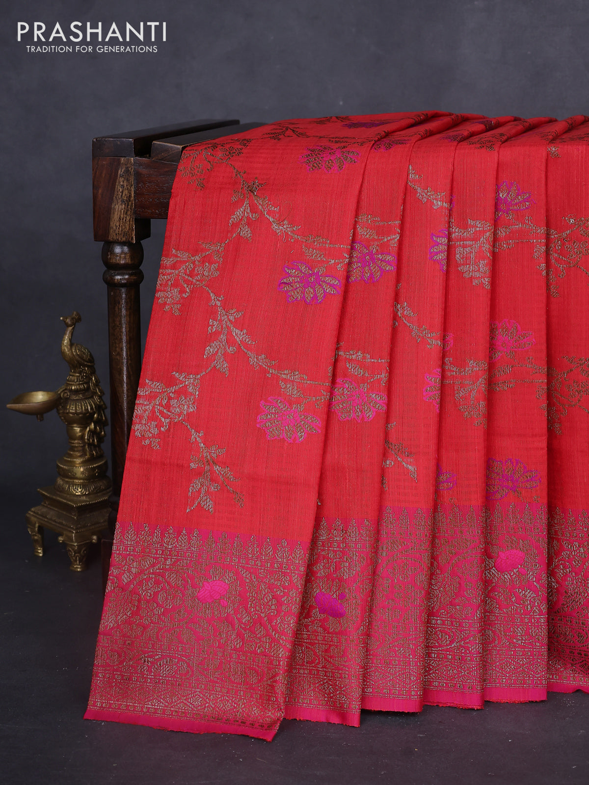 Banarasi dupion silk saree red and pink with allover thread & zari floral weaves and woven border