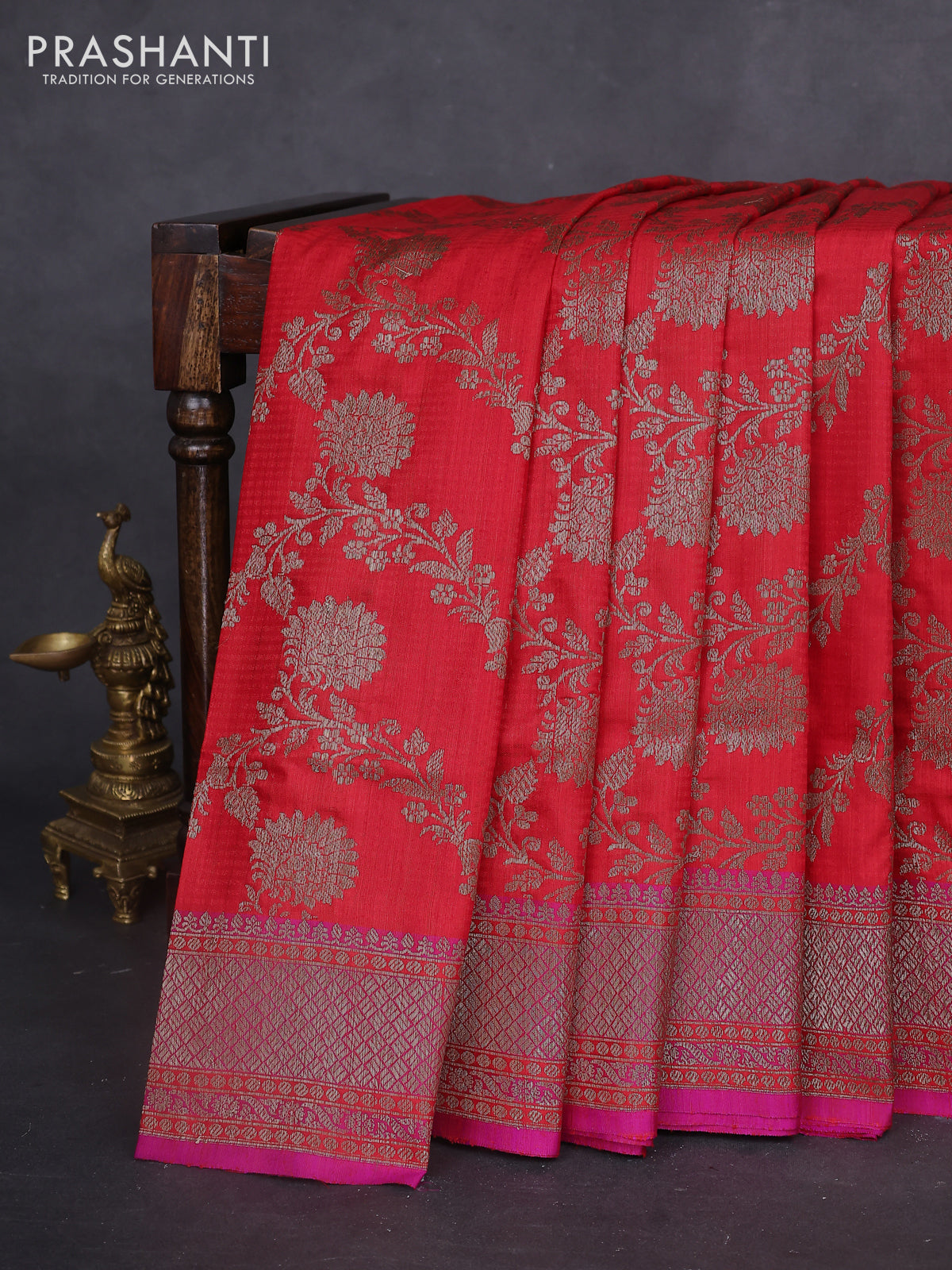 Banarasi dupion silk saree red and purple with allover thread & zari floral weaves and woven border