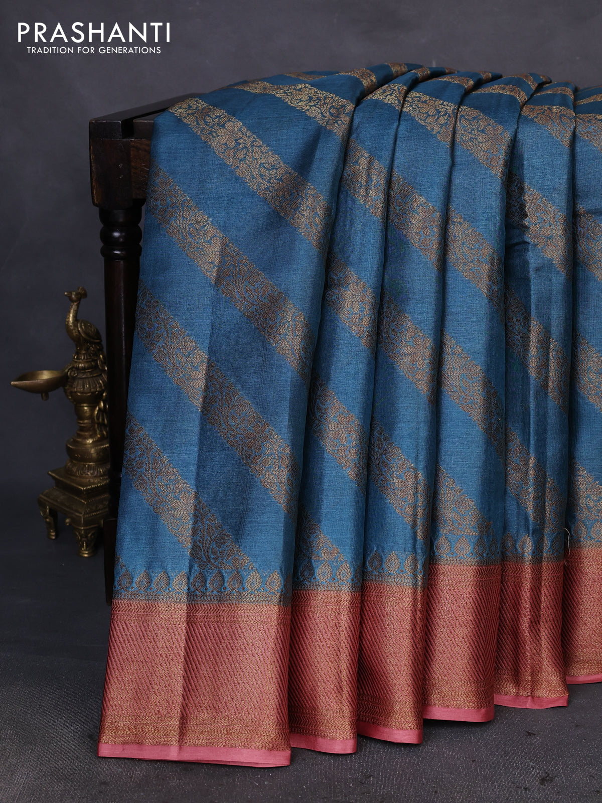 Banarasi tussar silk saree peacock blue and rustic orange with thread & zari woven buttas and woven border