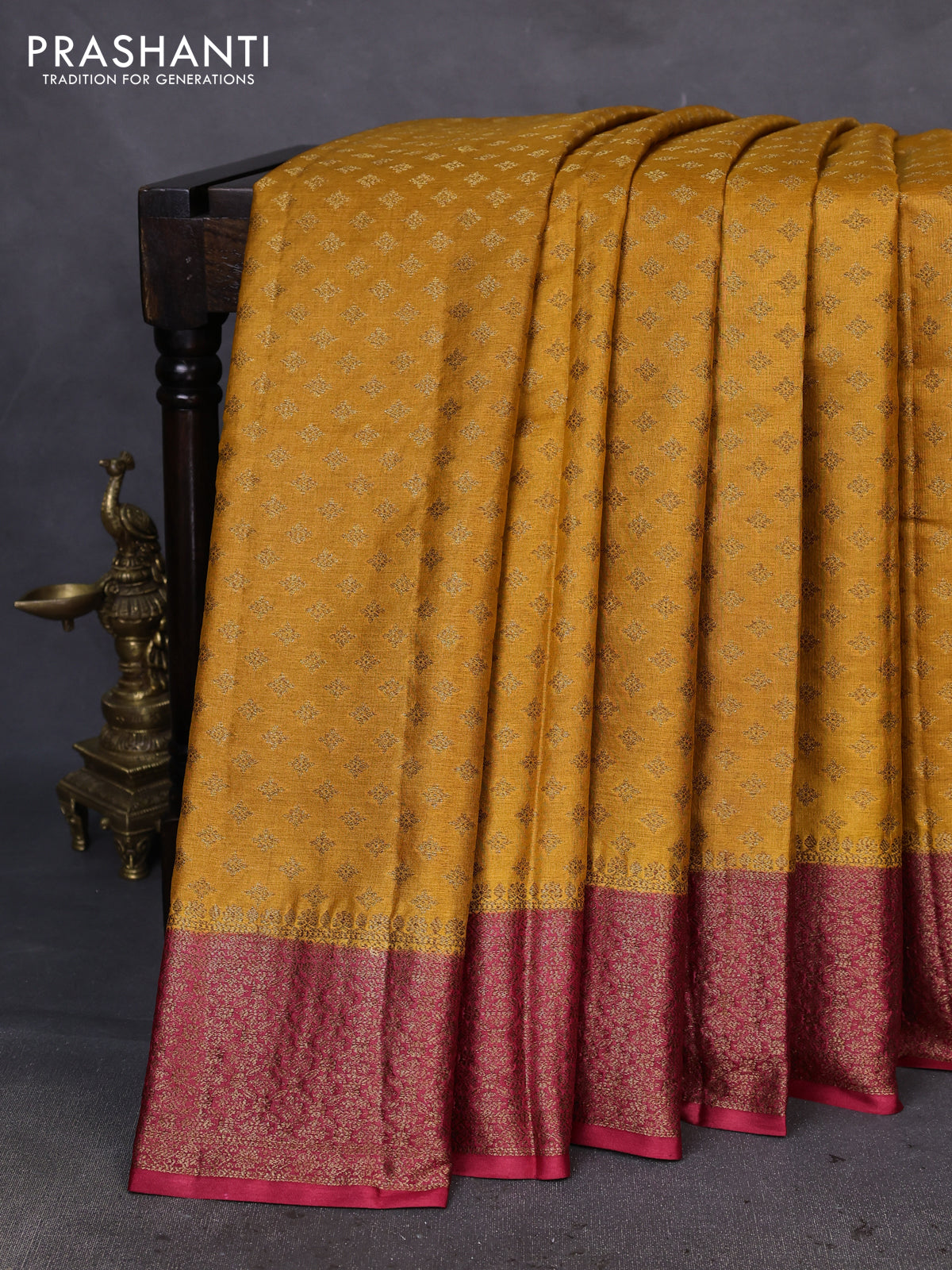 Banarasi tussar silk saree mustard yellow and maroon with allover thread & zari woven buttas and woven border