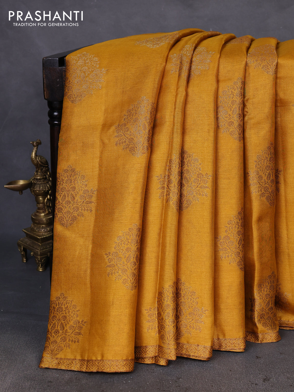 Banarasi tussar silk saree mustard yellow and pink with thread & zari woven buttas and woven border