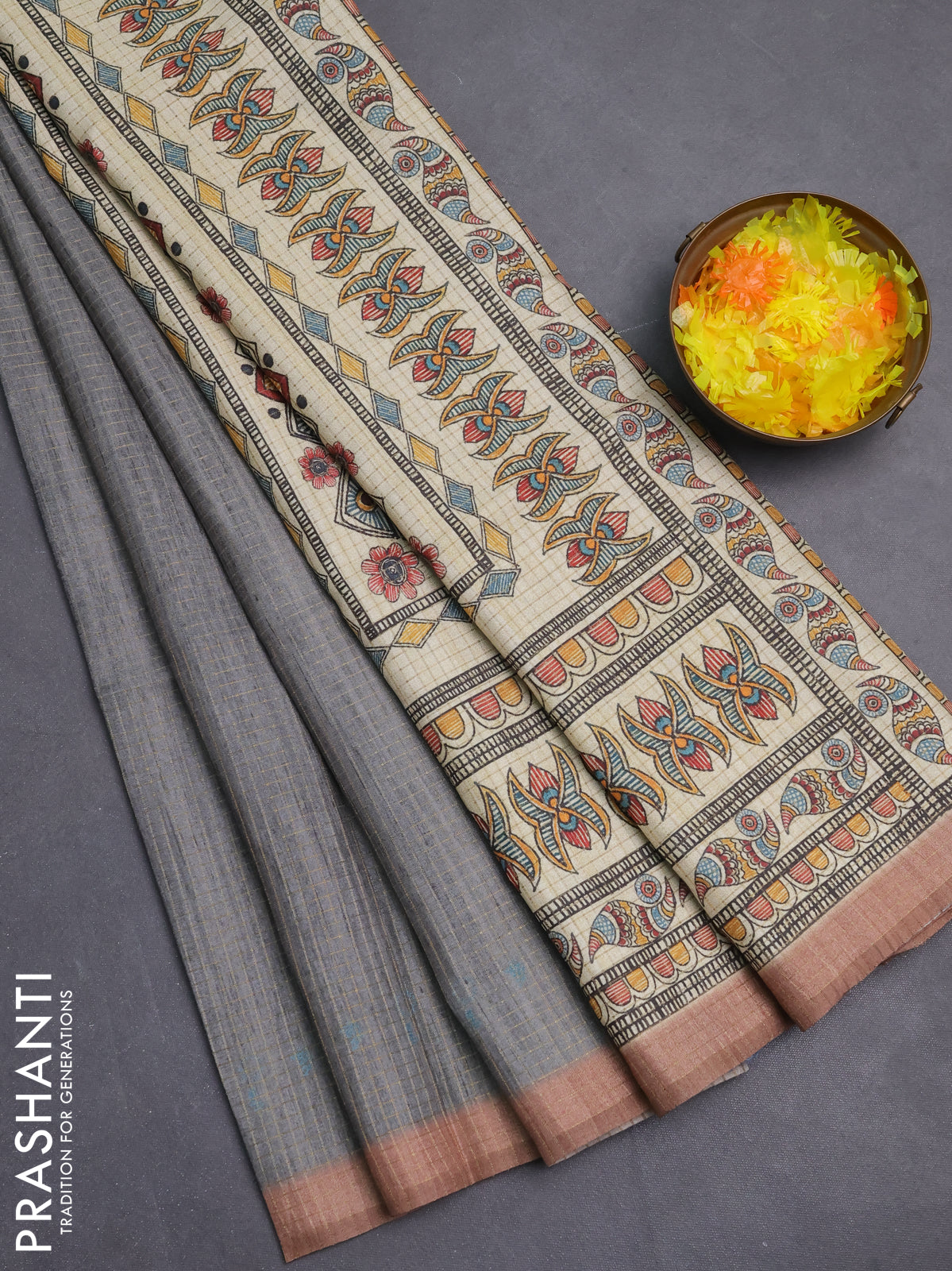 Chappa saree grey and peach shade with allover zari checked pattern and madhubani printed pallu