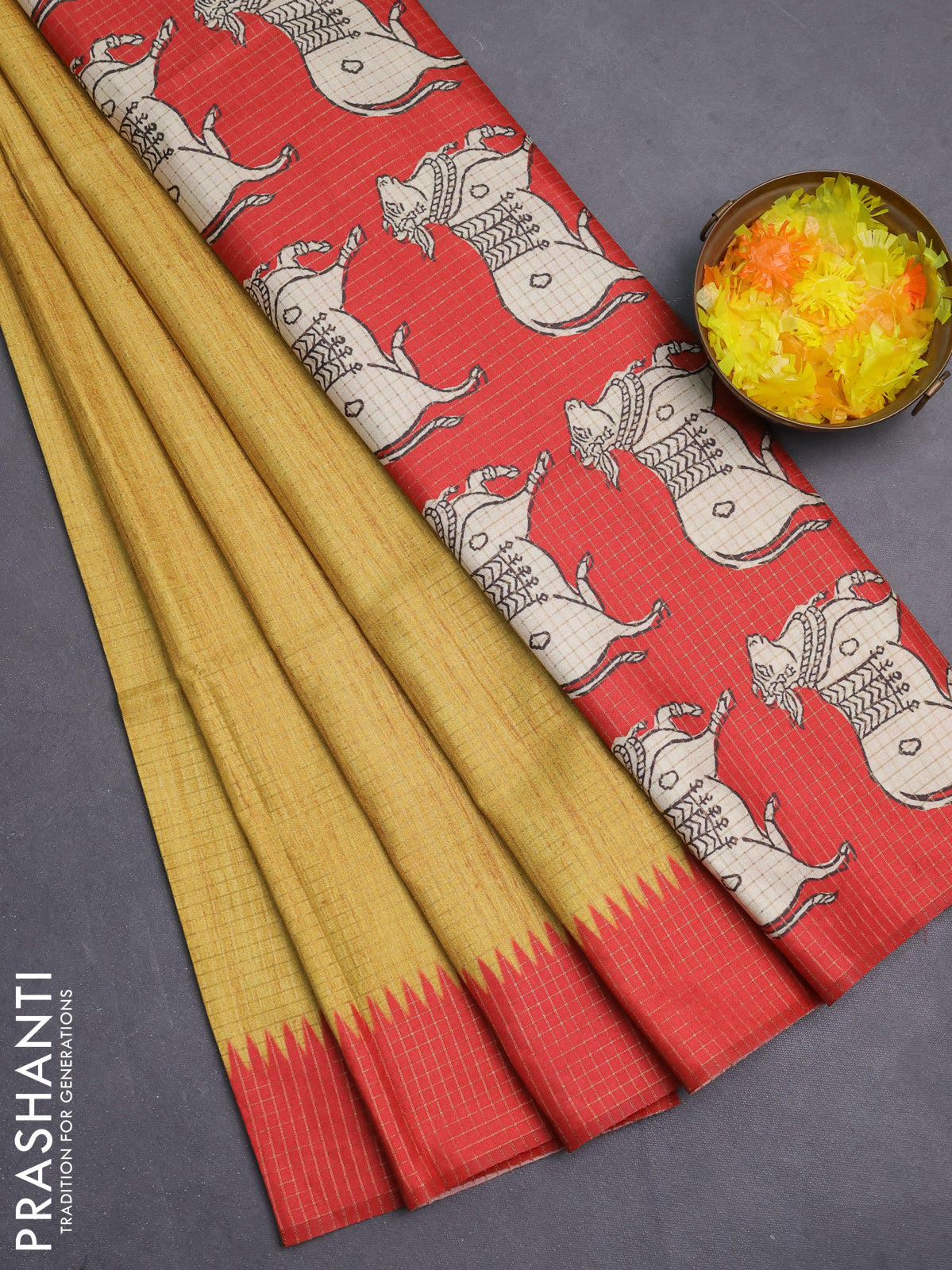 Chappa saree mustard yellow and red with allover zari checked pattern and printed pallu