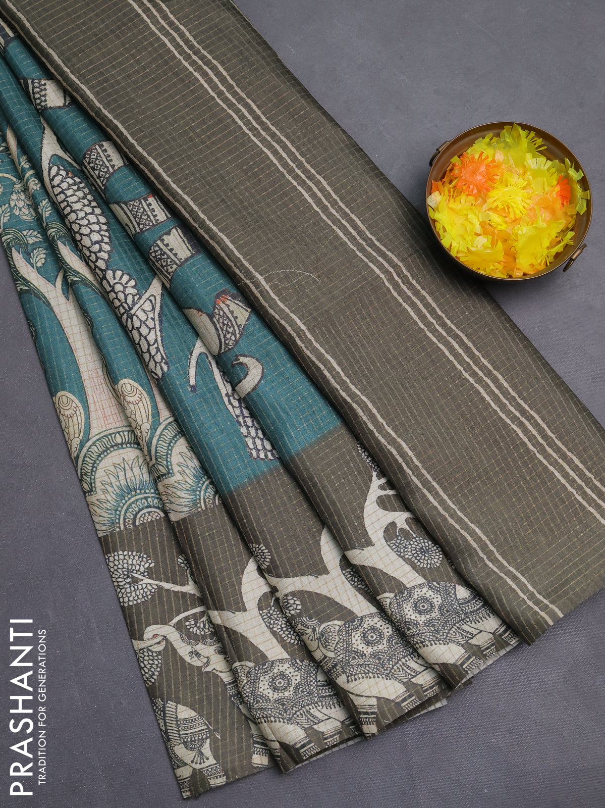 Chappa saree teal green and military green with allover zari checked pattern and printed pallu