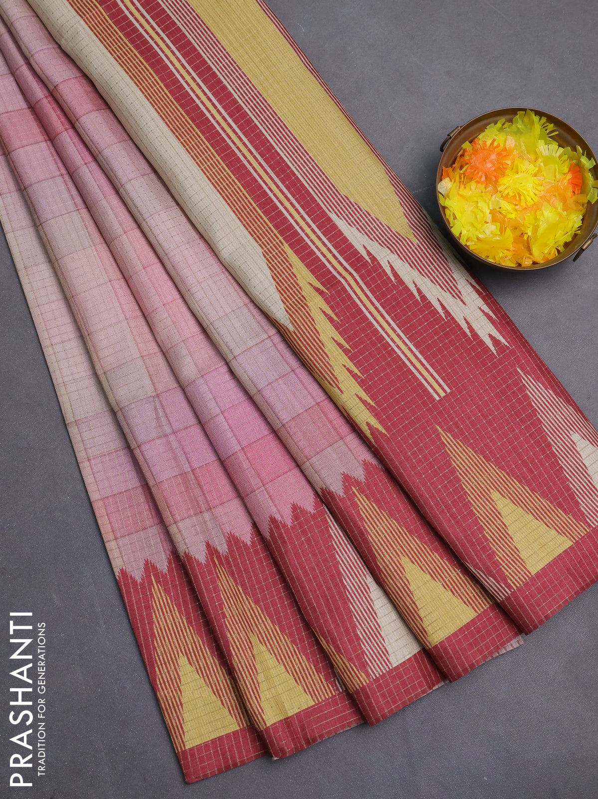 Chappa saree pastel peach and maroon with allover zari checked pattern and temple design border