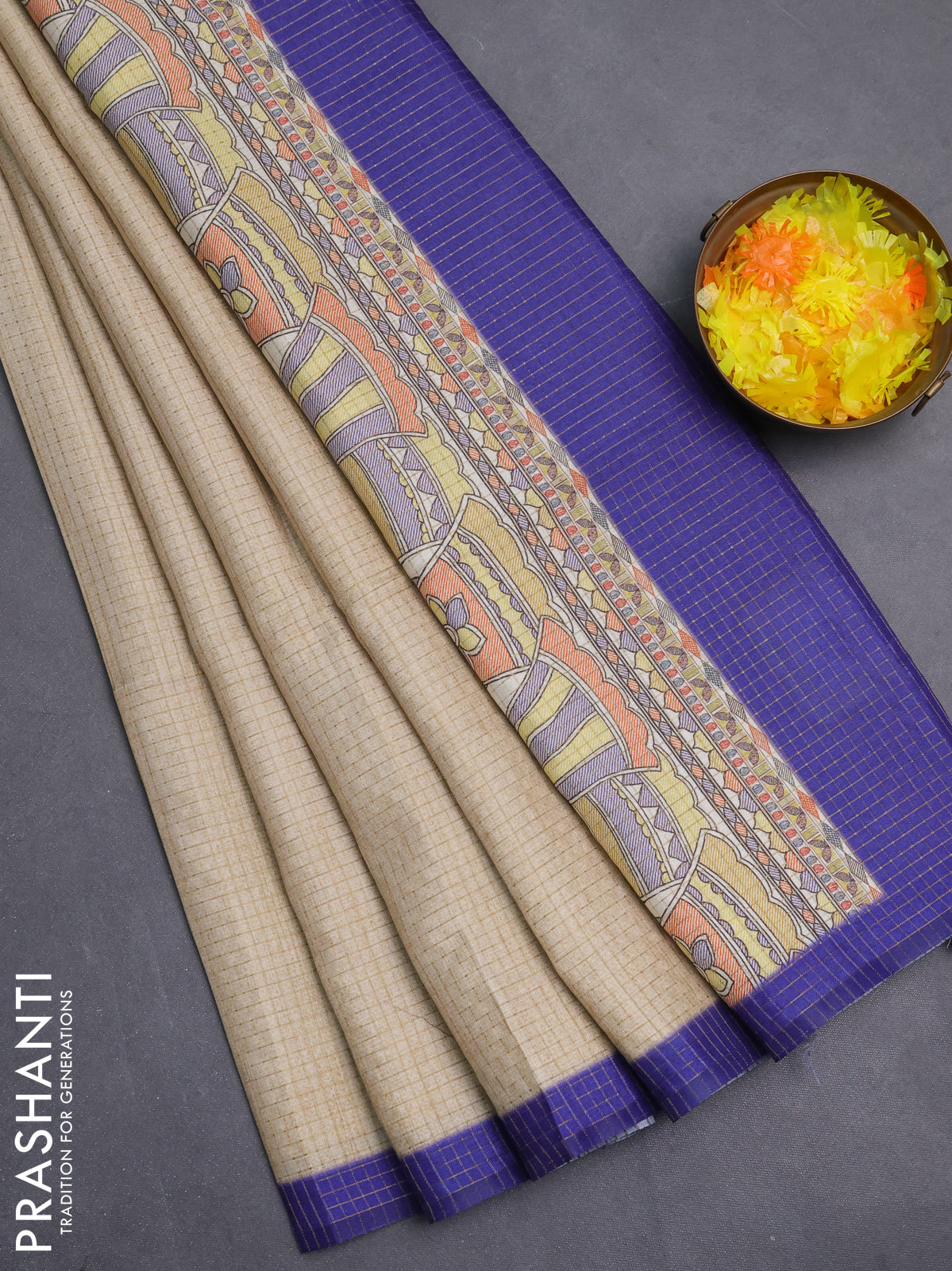 Chappa saree sandal and blue with allover zari checked pattern and madhubani printed pallu