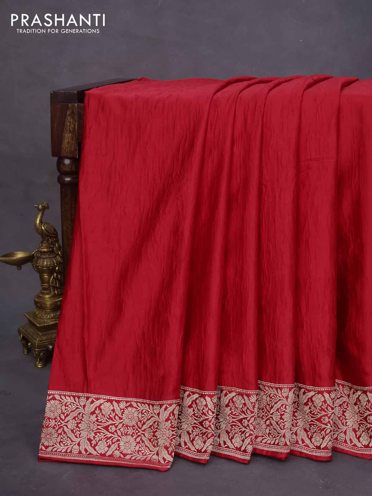Banarasi crush crepe saree red with plain body and zari woven floral border