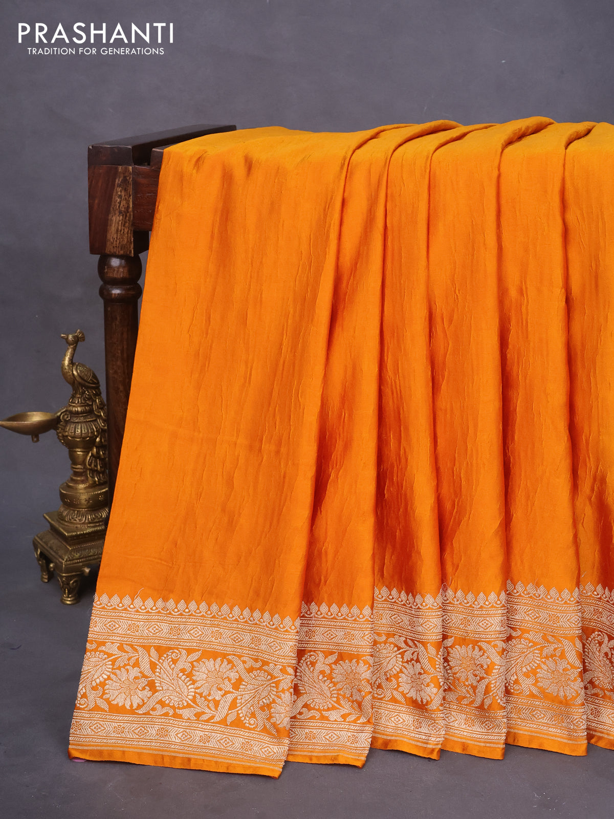 Banarasi crush crepe saree mango yellow with plain body and zari woven border