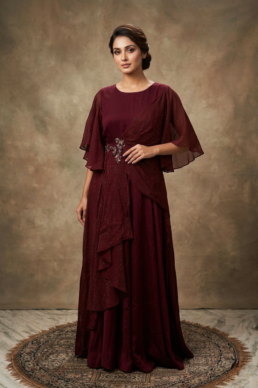 Dark Burgundy Satin Draped Gown