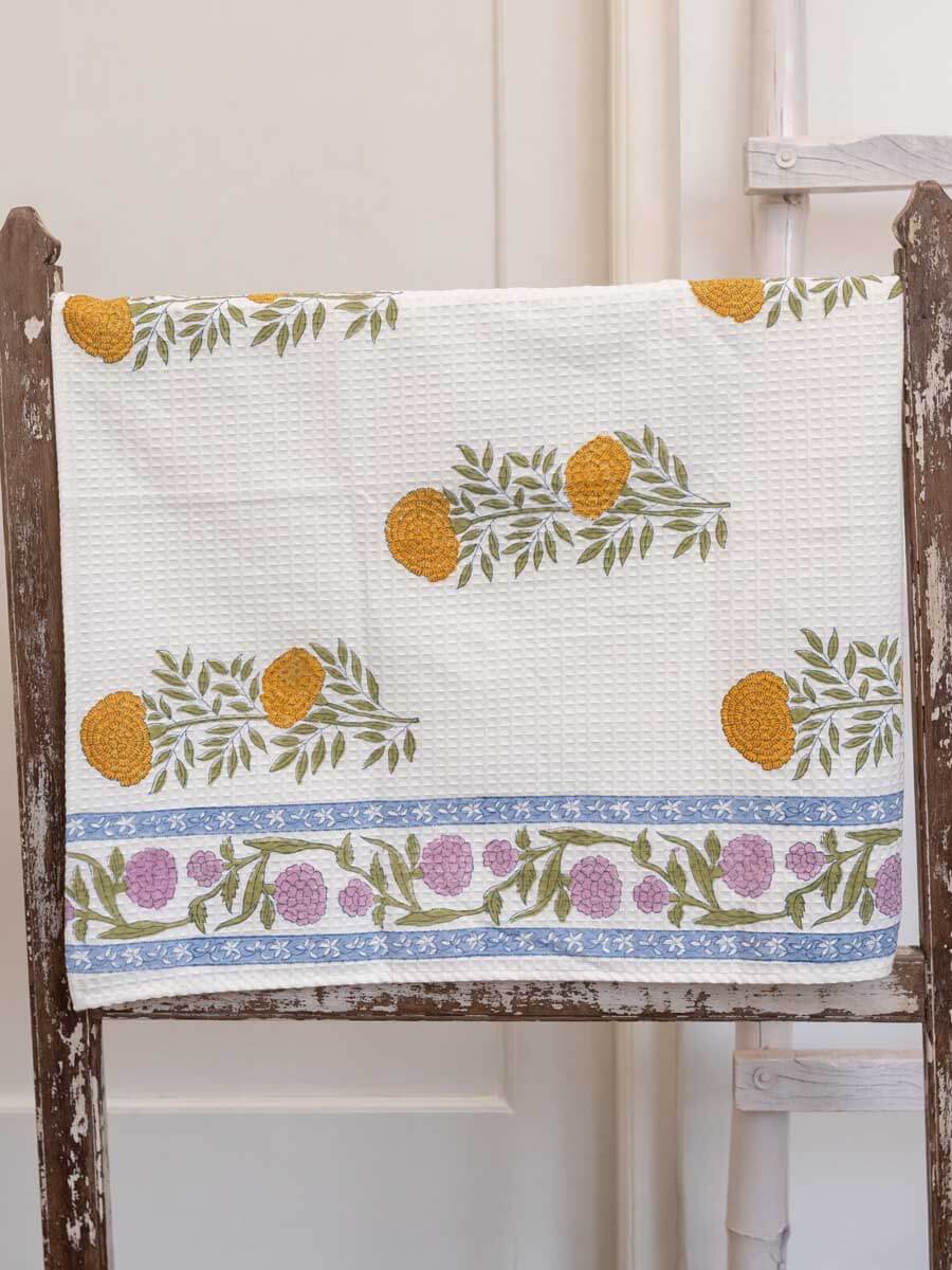 Golden Bloom Hand Block Print Cotton Bath Towel