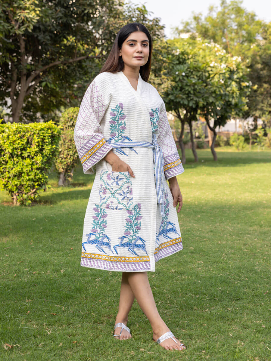 Harini Block Printed Waffle Cotton Bath Robe