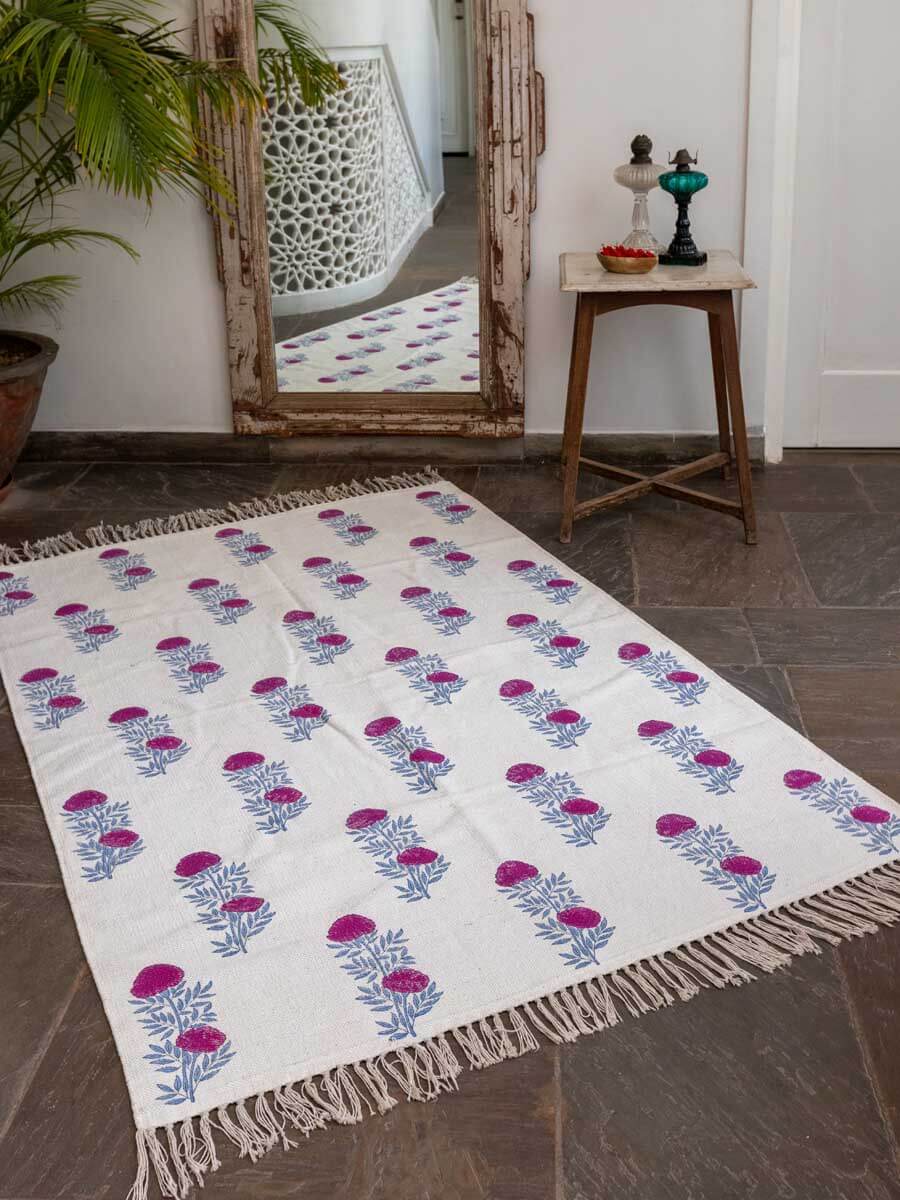 Hibiscus Block Printed Cotton Dhurrie Rug