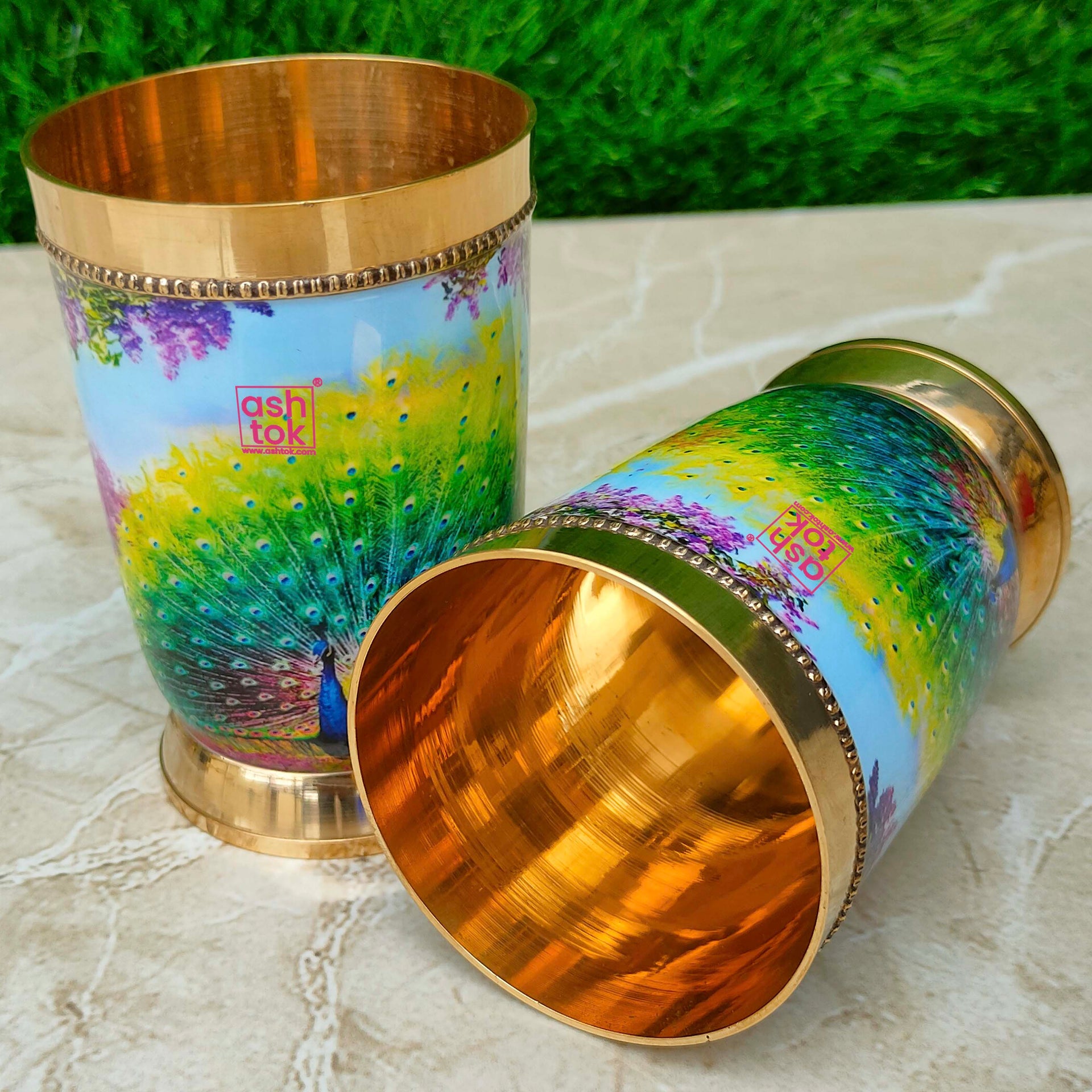 Brass Glasses, Peacock Printed Design Brass Water Glasses (Pack of 2 Pcs)