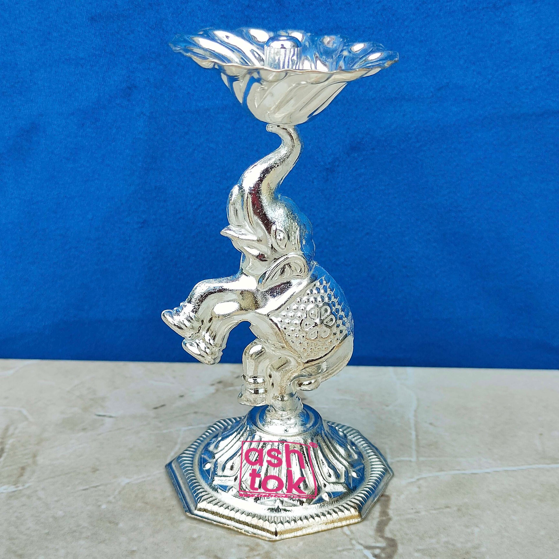 German Silver Elephant puja Diya, Decorative Diya, Oil Lamp Height - 4.5 Inches