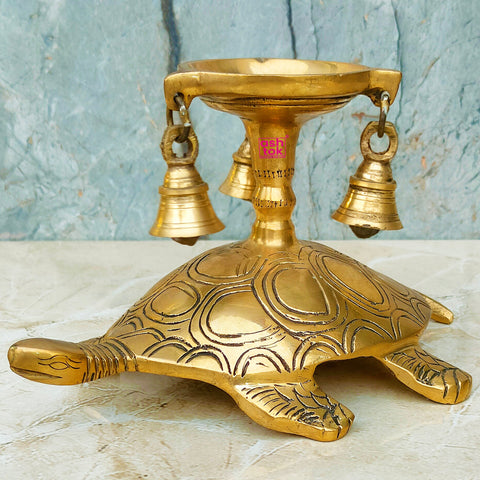 Brass Tortoise Stand Diya with Bells, Decorative Showpiece