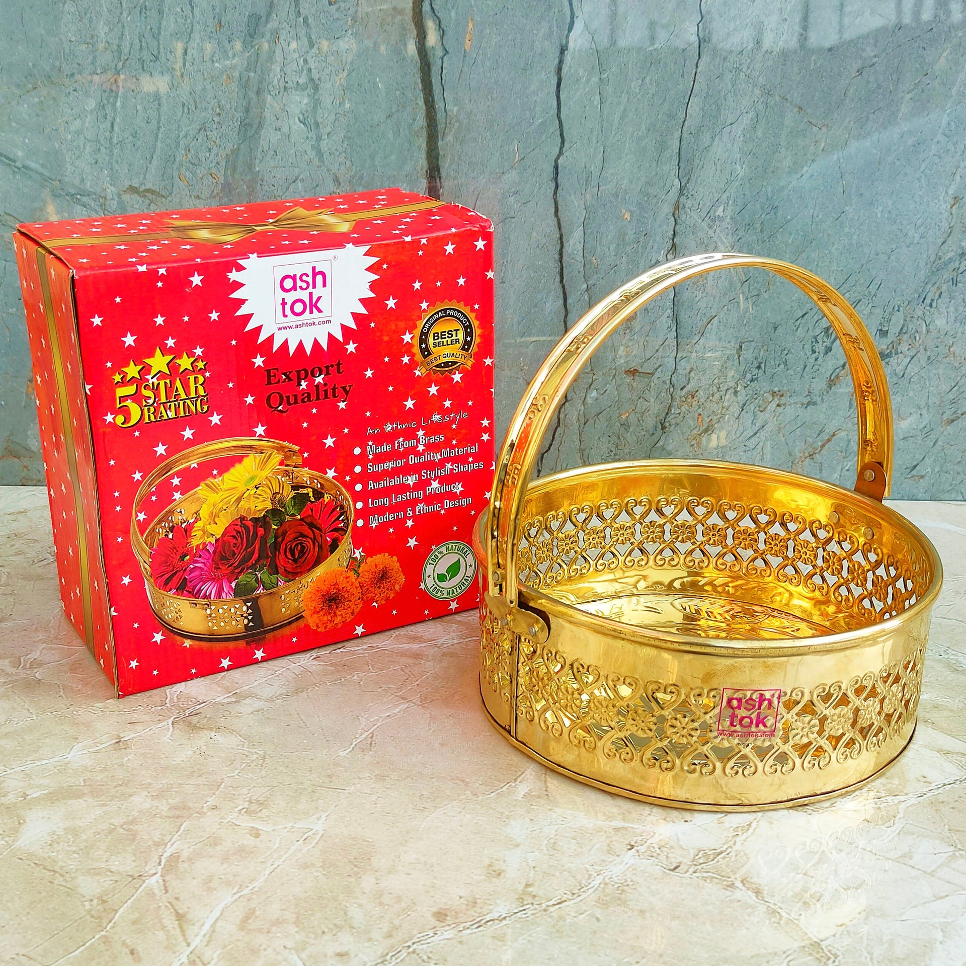 Round Shaped Brass Puja Basket, Traditional Phool Butti, Om design Puja Basket (Dia 8 Inches)