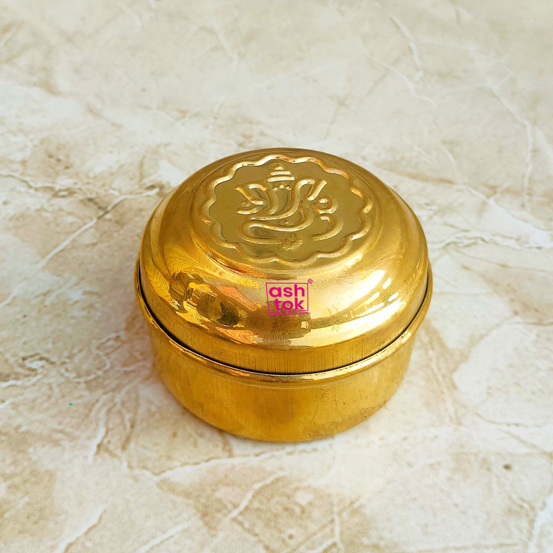 Brass Box, Brass Pooja Box with Embossed Ganesh Design on Lid