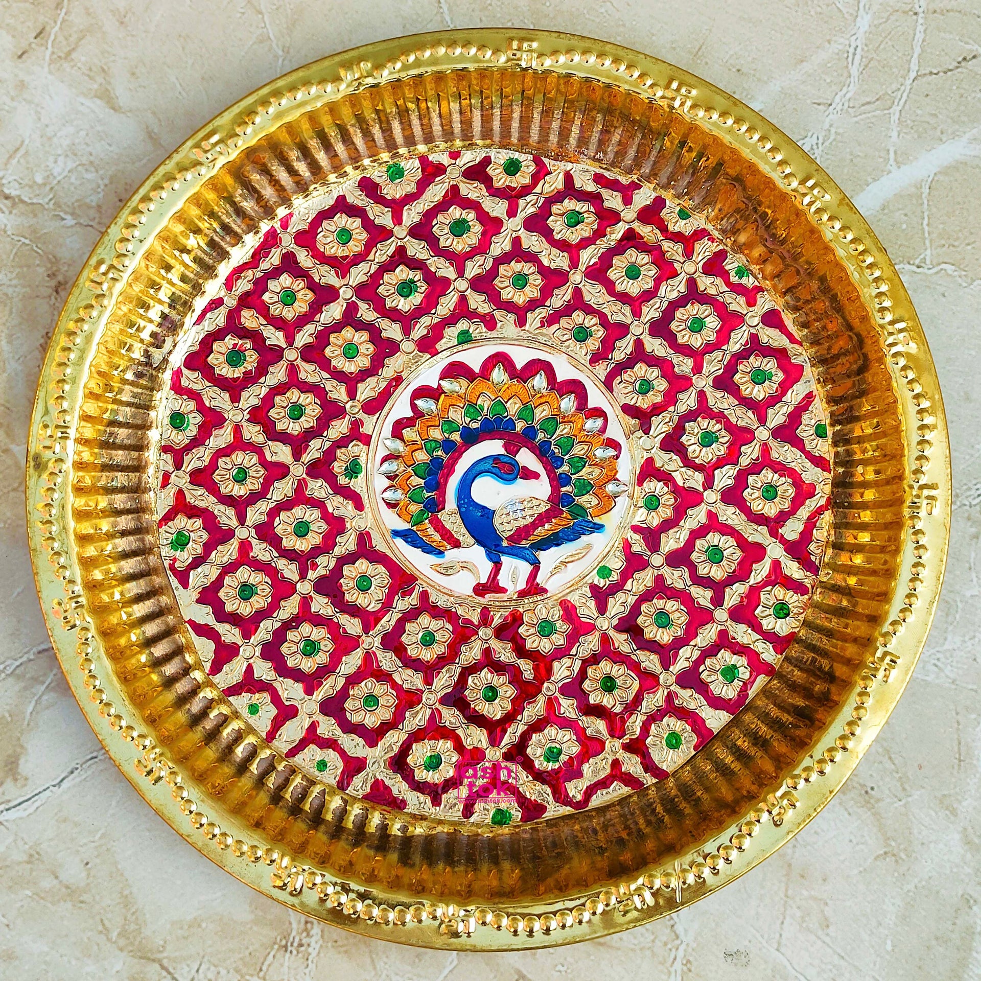 Brass Meenakari Puja Thali Plate, Decorative Puja Plate