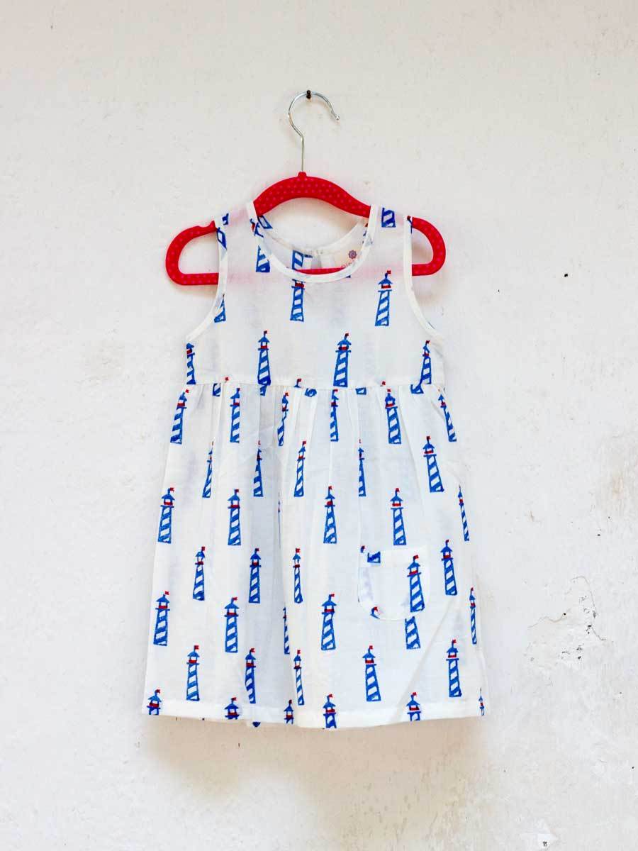 Lighthouse Organic Cotton Block Printed Dress with a Pocket