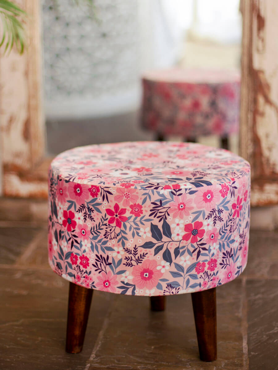 Pink Blossom Solid Wood Ottoman