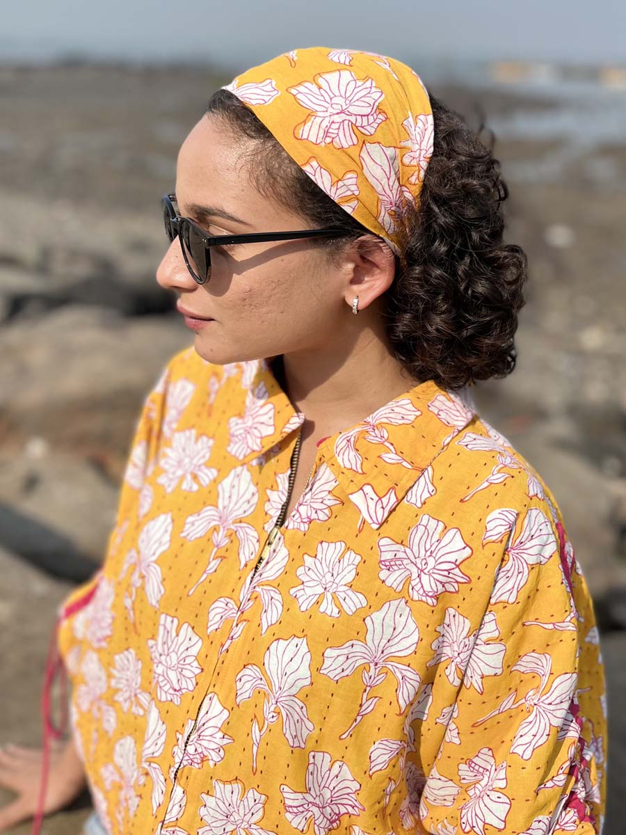 Yellow Peony Block Printed Cotton Hair Band