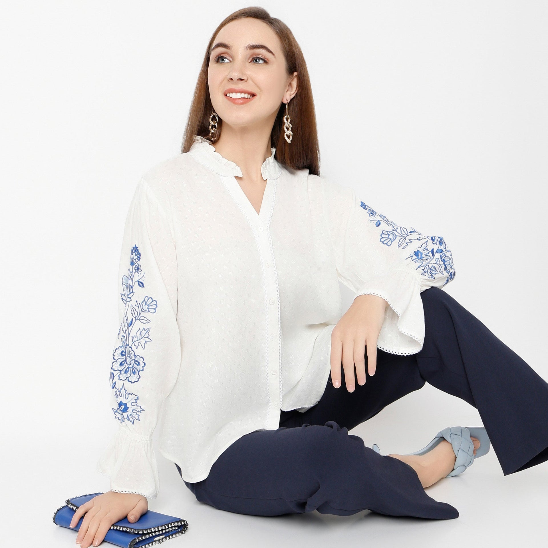 Band Neck Short Length Flared Full Sleeve Relaxed Fit Embroidered Top