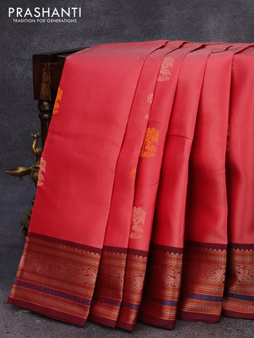 Pure kanjivaram silk saree red shade and maroon with thread woven buttas and thread woven border