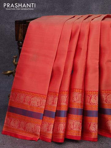 Pure kanjivaram silk saree red shade and red with thread woven buttas and long thread woven border